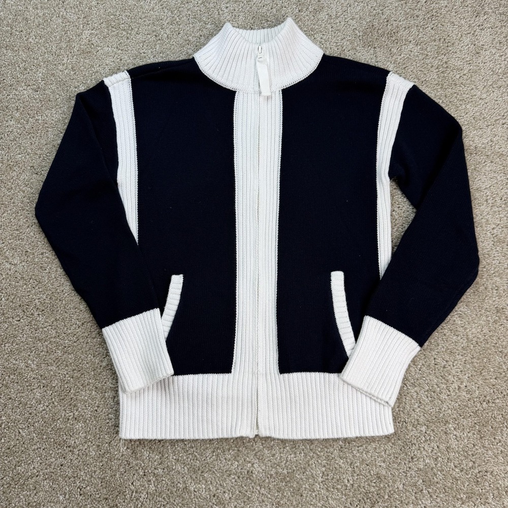 T By Talbots Sweater Cardigan Womens SP Blue White Mock Neck Full Zip Knit